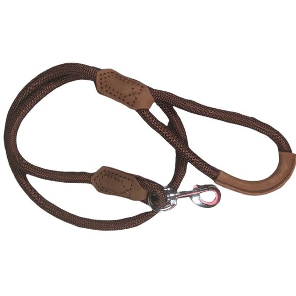 Brown Dog Leash Pet Heavy Duty Vegan Leather Detail Silver Tone Slide Latch Hook - Picture 1 of 5